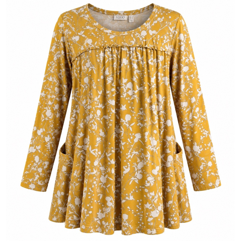 LOGO LORI GOLDSTEIN Golden Floral Vine Print Long-Sleeve Tunic with Pockets, LG